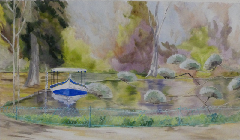 Peintre en décor Bordeaux. Décor peint d'un lac avec un bateau bleu